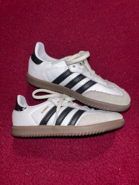 adidas Kids Samba White Sneakers with Black Stripes and Gum Sole